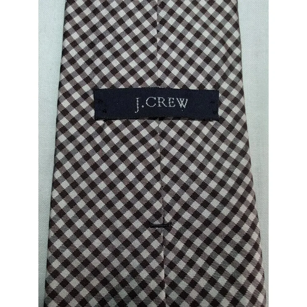 J Crew‎ Silk Handmade Gingham Brown White Neck Tie Preppy Occasion Formal